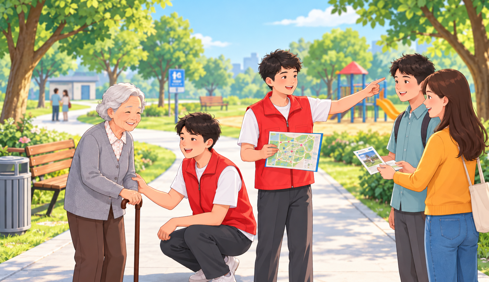 红马甲志愿者在公园帮助长者、为市民指路